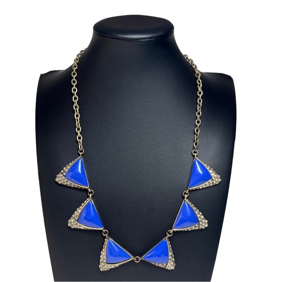 J. Crew Cobalt Blue Enamel Crystal Triangle Statement Necklace 20" - Picture 1 of 9